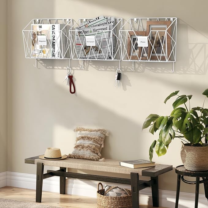 CADUKE 6 Pack Hanging Wall File Organizer Mesh Folder Holder Mail Magazine Organizer Wall Mounted with Hooks & Label Panels for Office Home, White