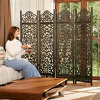 5.75Ft Room Divider Wood Screen, 33Lbs Durable MDF Carved Rustic Style Headboard, Reversible Freestanding Folding Partition Paravent for Home, 69 * 71 inch(H*W) - 4 Panels (Antique Brown)