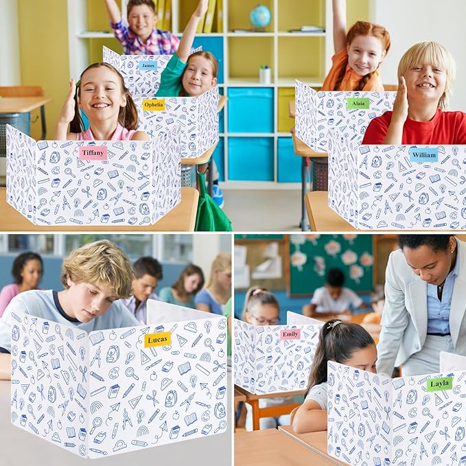 24 Pack Printing Privacy Floders for Student Desks - Durable Plastic Erasable - Testing Dividers for Classroom - Easy Clean Privacy Shields for Student - Includes Extra Labels White