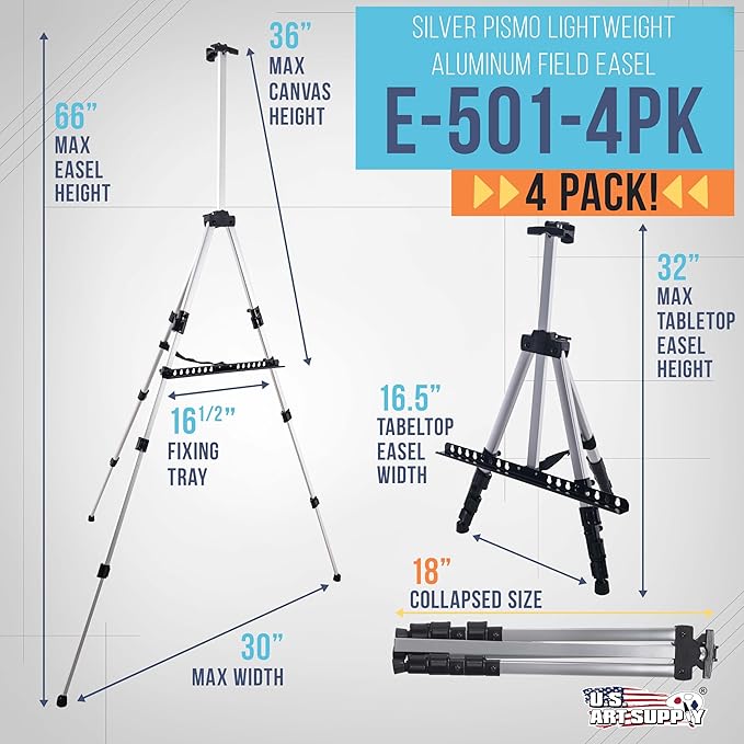 U.S. Art Supply 66" Silver Metal Tripod Easel Display (4 Pack) - Adjustable 18"- 5.5', Holds 36" Canvas - Floor/Tabletop Easel Stand, for Sign Display, Painting, Poster Board, Canvas - Portable Bag
