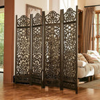 5.75Ft Room Divider Wood Screen, 33Lbs Durable MDF Carved Rustic Style Headboard, Reversible Freestanding Folding Partition Paravent for Home, 69 * 71 inch(H*W) - 4 Panels (Antique Brown)