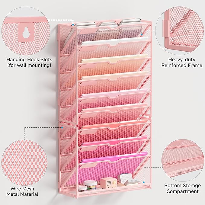 Lavatino 10-Tier Hanging Wall File Folders Organizer - Pink Metal Mesh Paper Magazine Document Mail Holder File Organizer for Office School Home Wall Mount or Desk Supplies Organization