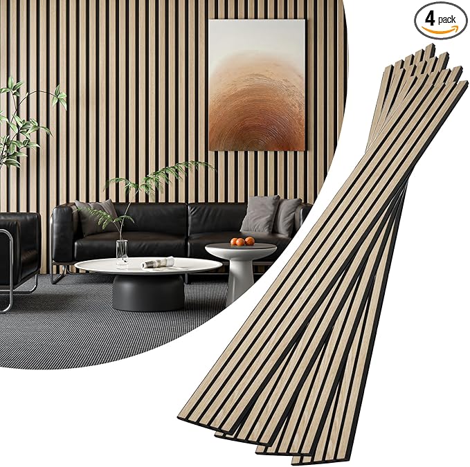 VallisCo 4-Piece Wood Slat Acoustic Panels for Stylish Interior Decor & Noise Reduction - 94.5" x 7.87" 3D Solid Wood Wall Panels for Ceiling and Wall, Covers 20.66 Sq Ft, White Oak