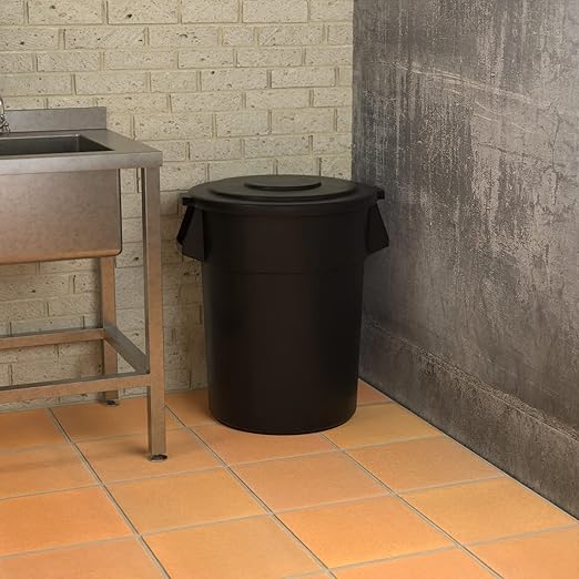 55 Gallon Black Round Commercial Trash Can with Lid
