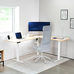 VIVO Electric Corner 75 x 63 inch L-Shaped Standing Desk, Memory Height Adjustment, Real Bamboo Top White Frame, DESK-E3CTWO-75