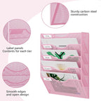 EasyPAG 5 Pocket Mesh Wall File Organizer, Hanging Paper Folder Holder with Classify Label, Vertical Wall Mount Mail Organizer for Office Home Classroom, Pink