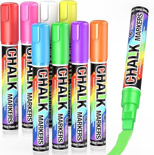 Jumbo Chalk Window Markers for Cars Glass Washable: 8 Colors Liquid Chalk Markers Pen with 10mm Wide Tip, Chalkboard Marker, Window Paint Marker for Car Window, Blackboard, Auto Windshield Decorations