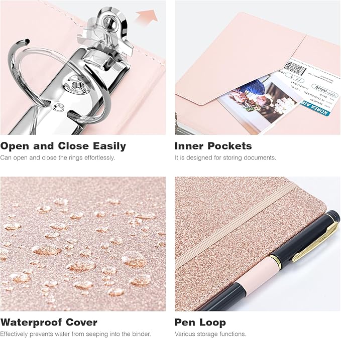 Ospelelf Vintage Hardcover 3 Ring 1 inch Leather Binder, Professional Binders Organizer Suitable for Letter Size Documents, Binder Dividers with Tabs, Faux Glitter Rose Gold Leather