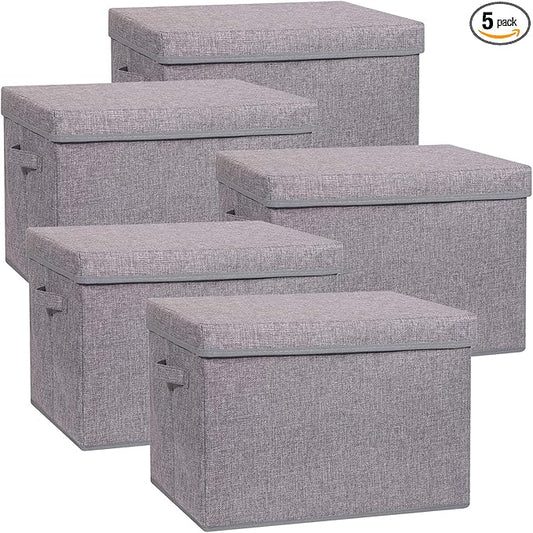 5 Pack Large Foldable Storage Box with Lids Fabric Storage Cube Organizer Cloth Containers Bins Baskets for Closet Clothes Clothing Bed Room