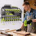 YFFSRJDJ Power Tool Organizer Wall Mount with Charging Station, 8 Drill Holder with 8-Outlet Power Strip, Garage Cordless Drill Storage and Organization, Battery Utility Rack