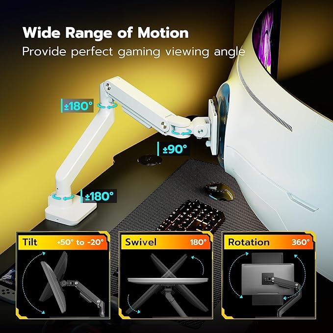 ARES WING Ultrawide Monitor Arms White with USB A/C, Heavy Duty Monitor Arm for 17 to 49 inch Screen, Holds 44 lbs, Adjustable Gas Spring Desk Mount with Clamp and Grommet Base