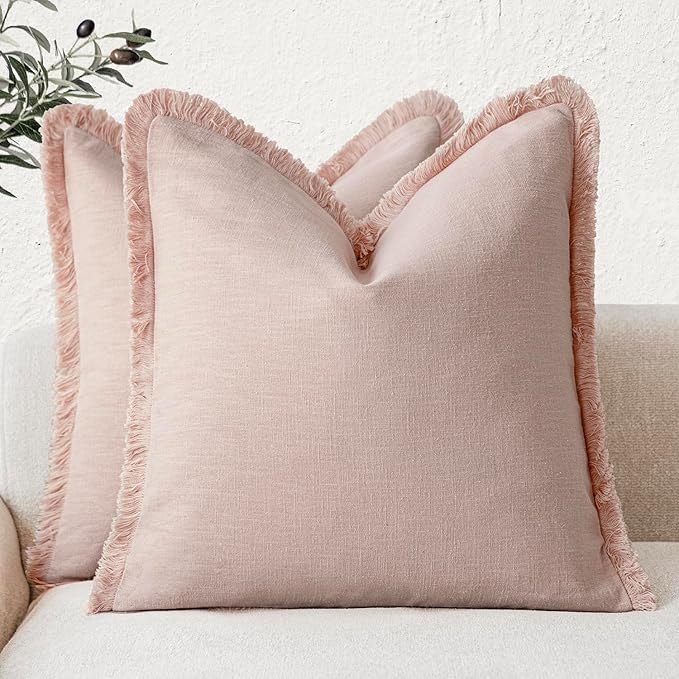 Foindtower Set of 2 Decorative Linen Fringe Throw Pillow Covers Boho Farmhouse Cushion Cover with Tassels Soft Accent Pillowcase for Couch Chair Sofa Bed Living Room Home Decor,22×22 Inch,Light Pink