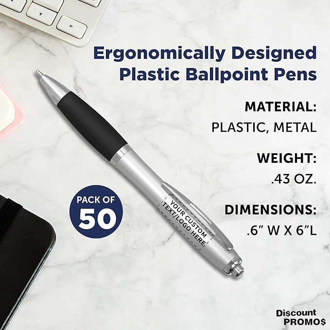 DISCOUNT PROMOS Personalized Ballpoint Pens With Rubber Grip, 50 pack Customizable Ergonomic Click-to-Write Custom Writing Pens for School with Black Ink, Black