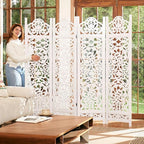 5.75Ft Room Divider Wood Screen, 33Lbs Durable MDF Carved Rustic Style Headboard, Reversible Freestanding Folding Partition Paravent for Home, 69 * 71 inch(H*W) - 4 Panels (Rustic White)