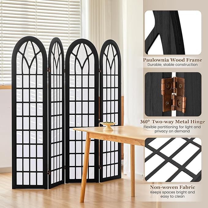 4 Panel Japanese Room Divider, Fully Assembled Wooden Privacy Screen, Shoji Style Partition Divider for Home Office Bedroom Apartment Decoration, Black