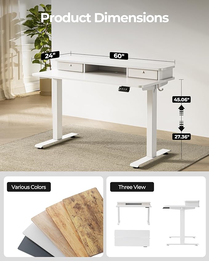 FEZIBO 60 x 24 Inch Height Adjustable Electric Standing Desk with Double Drawer, Stand up Home Office Computer Desk with 4 Height-Adjustable Feets & 2 Hooks, White