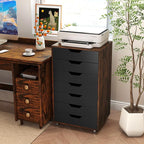 Giantex 7-Drawer Storage Cabinet, Mobile File Organizer with 4 Universal Casters, Wooden Vertical Filing Cabinet on Lockable Wheels for Office, Study, Living Room (19.5” x 16” x 34.5”,Brown+Black)