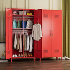 SUPEER 2 Doors Metal Storage Locker with Adjustable Shelves and 2 Hanging Rods, Metal Wardrobe Cabinet with Lock,Wardrobe Lockers for Home,Office,Assembly Required,Red