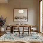 GENIMO 9x12 Area Rugs for Living Room, Machine Washable Non Slip Rugs, Low Pile Lightweight Vintage Print Rug for Bedroom, Dining Room, Home Office, Cyan/White