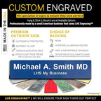 Personalized Name Plate with Choice of Mounting for Walls, Doors, Desk Holders, Cubicles, Hanging and More - Custom Blue Plastic White Letters - USA Made 2x8 - B9