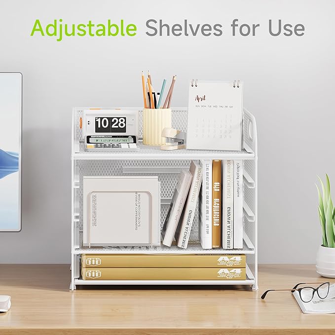 Cawukege 5 Tier Paper Organizer with Handle, Metal Mesh Desk Organizer File Folder Paper Letter Tray Desktop Document Sorter for Classroom, School, Office Accessories Organization and Storage - White