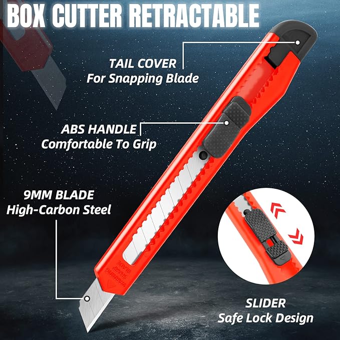 TIFICAL 10 Pack Box Cutter Retractable, 9MM Snap-Off Blade Utility Knife, Razor Knife with Self-Lock Design, Box Cutter Knife Exacto Knife for Cutting Boxes, Carton, Cardboard, Disposal Box Opener