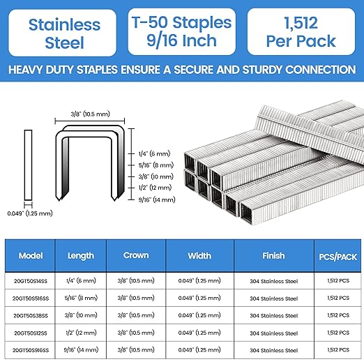 meite T-50 Stainless Steel Staples Marine, 9/16 Inch Heavy Duty Staples for Staple Gun - 20 Gauge 3/8 Inch Crown T-50 Upholstery Staple for Salt Water, Marine Applications (5 Packs)