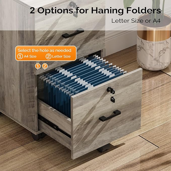 VINGLI 2 Drawer File Cabinet with Lock, Wood Rustic Gray Filing Cabinet for Letter Size File Folders with Tabs, Under Desk Rolling File Cabinets for Home Office, Mobile File Organization Printer Stand