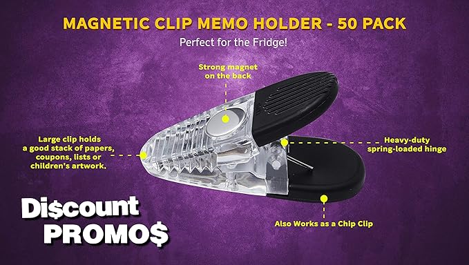 50 Magnetic Memo Holders Set - Customizable Text, Logo - Large Clip, Plastic - Clear