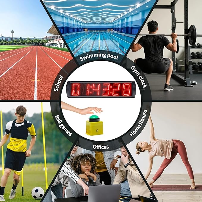 5 Inch 6-Digit LED Race Timer, Running Event Gym Timer for Countdown/Count Up, 12/24 Hour Real Time, Stopwatch with Remote Control, Portable Large Wall Clock（Button+Tripod）
