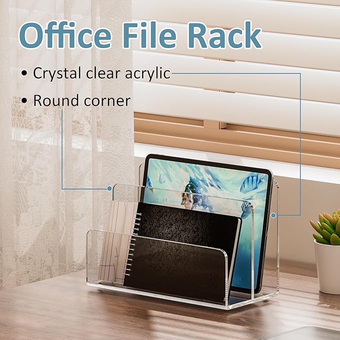 Acrylic File Holder 2 Compartment, Clear Desk File Organizer, Office Magazine File Folder Organizer