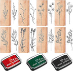 Tenare 8 Pieces Vintage Rubber Stamps Decorative with 3 Colors Ink Pad Wooden Plant Flower Stamps Set for DIY Craft, Scrapbook, Letters Diary and Card Making