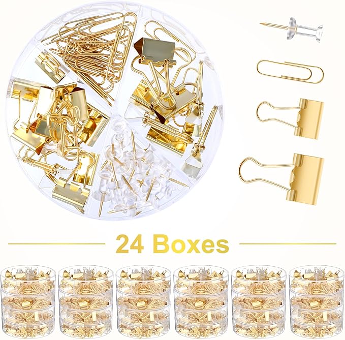 1560 Pcs Paper Clips and Binder Clips Assorted Sizes, Large Medium Small Binder Clip Paperclips Thumb Tacks, College Supplies Home Office Supplies Document Organizing(Gold)