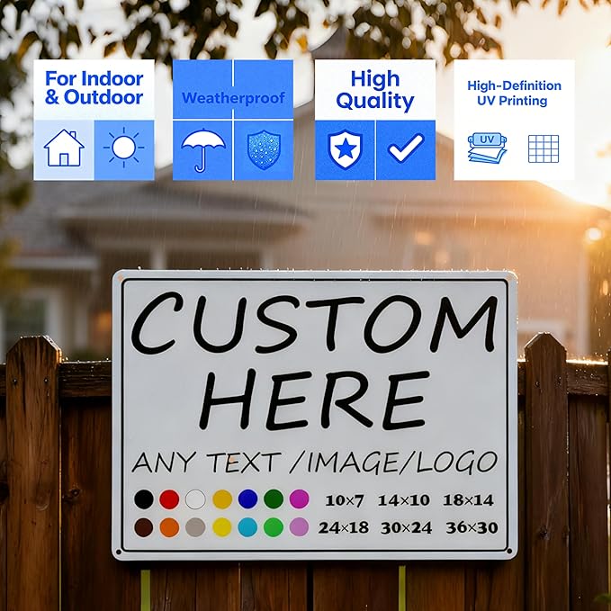 Custom Signs-14×10inches-Metal Sign Customized Sign with Your Text,Logo,photo,Prefabricated holes,easy installation, optional reflective,for Indoors/outdoors