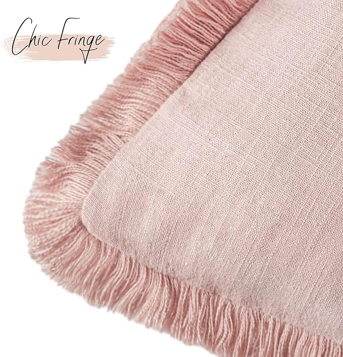 Foindtower Set of 2 Decorative Linen Fringe Throw Pillow Covers Boho Farmhouse Cushion Cover with Tassels Soft Accent Pillowcase for Couch Chair Sofa Bed Living Room Home Decor,16×16 Inch,Light Pink