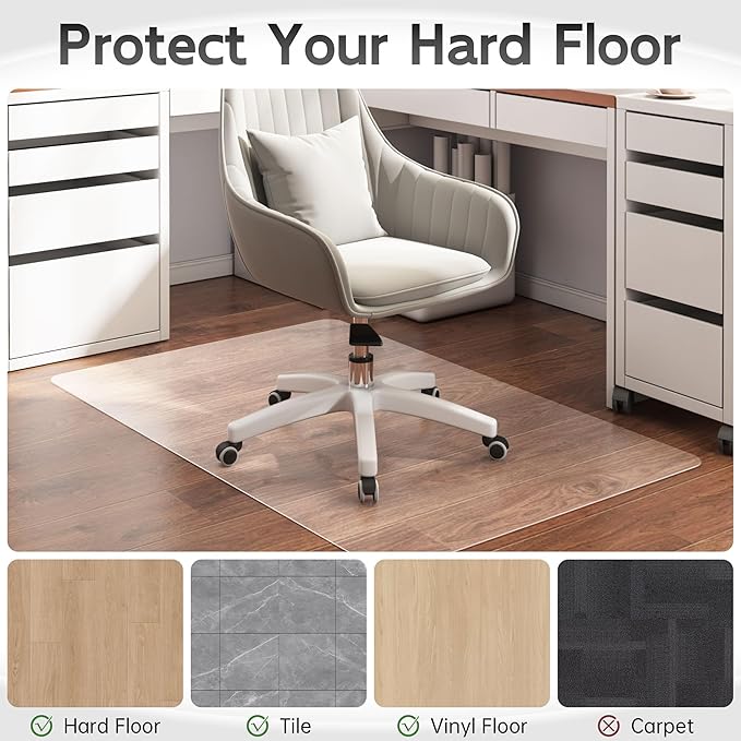HOMEK Office Chair Mat for Hardwood Floor, 46”x 60” Crystal Clear Hard Floor Chair Mat, Transparent Floor Protector Mat Flat Without Curling