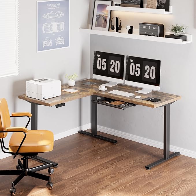 FLEXISPOT L Shaped Standing Desk, 63 x 55 Inch Electric Height Adjustable Corner Desk, Sit Stand Computer Workstation, Preset Controller, Home Office, Black Frame with Rustic Brown Top, Black Drawer
