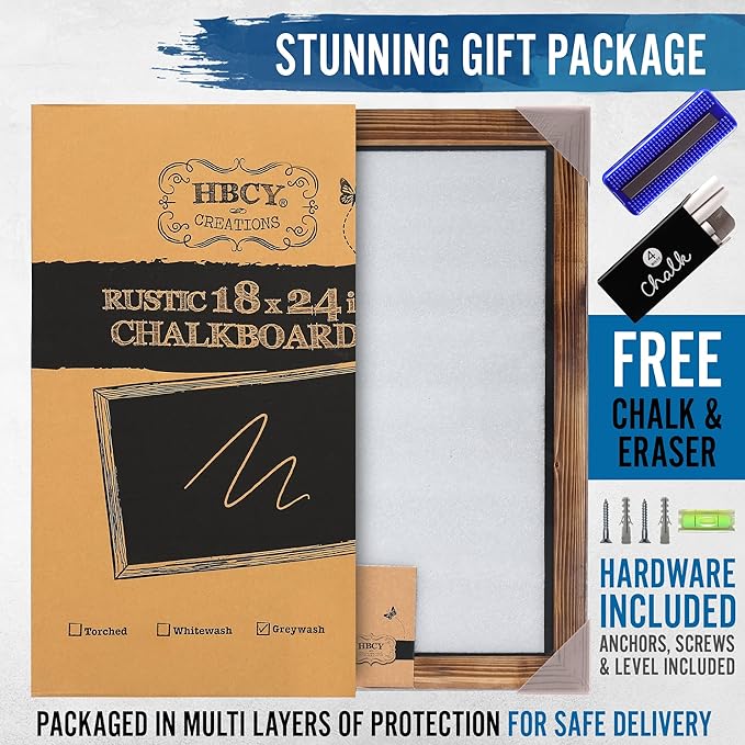 HBCY Creations 18" x 24" Torched Brown Solid Wood Frame Wall Chalkboard, Magnetic Surface, Home Décor, Restaurant & Café Menus, Blackboard, Includes Chalk, Eraser & Hanging Hardware
