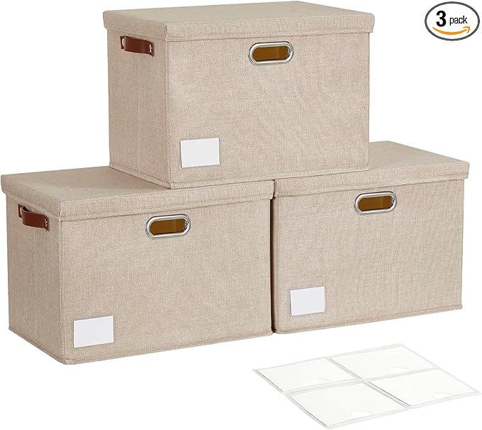 Roobyl 17" Large Collapsible Storage Bins with Lids, Stackable Closet Organizers with PU Handle and Labels, 3-Pack Decorative Fabric Storage Boxes for Home, Bedroom, Closet, Office, Nursery(Khaki)