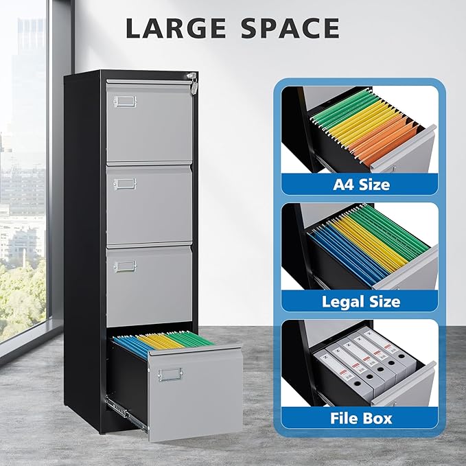 4 Drawer File Cabinet with Lock Metal Vertical Filing Cabinet Office Home Lateral File Cabinet for A4 Legal/Letter Size,Assembly Required (Black Gray, 4 Drawers-Vertical)