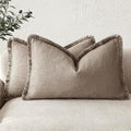 Foindtower Set of 2 Decorative Linen Fringe Lumbar Throw Pillow Covers Boho Farmhouse Cushion Cover with Tassels Soft Accent Pillowcase for Couch Sofa Bed Living Room Home Decor,12×20 Inch,Brown Tan
