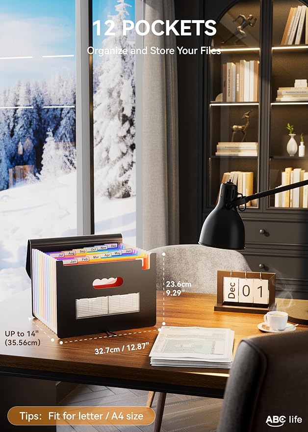 ABC life 12 Pockets Accordion File Organizer, Expanding File Folders, Portable Monthly Bill Receipt Organizer with Colorful A-Z Tabs, Desktop Folders Letter A4 Paper Document Storage for Home Office