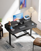 HUANUO 55 x 30 inch Electric Standing Desk with Wood Drawers,Stand up Home Office Desk Adjustable Height with Two Tiers, Ergonomic Stand up Desk with Monitor Stand, Black
