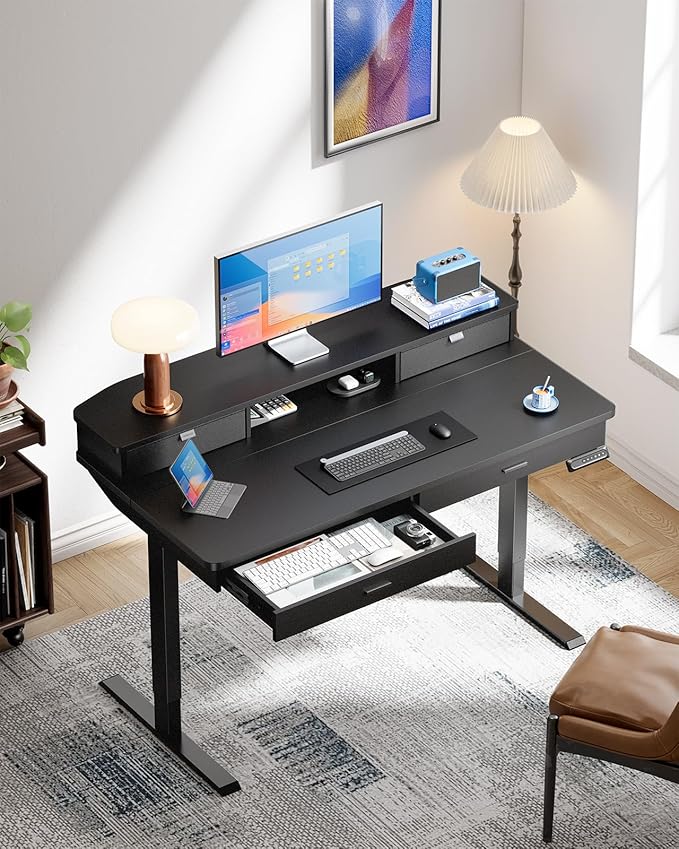 HUANUO 55 x 30 inch Electric Standing Desk with Wood Drawers,Stand up Home Office Desk Adjustable Height with Two Tiers, Ergonomic Stand up Desk with Monitor Stand, Black