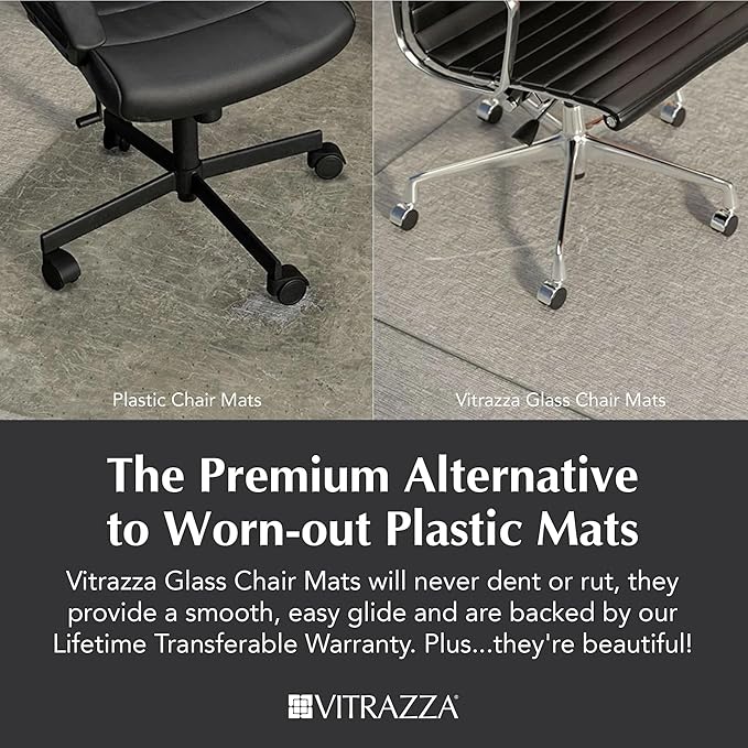Vitrazza Glass Chair Mat 42” x 48” Superior ¼ Thick, Luminoso Low-Iron Ultra Clear, Certified Tempered Safety Glass, Delivers a Smooth Glide, Protects Carpet or Wood, Beautiful in Home or Office.