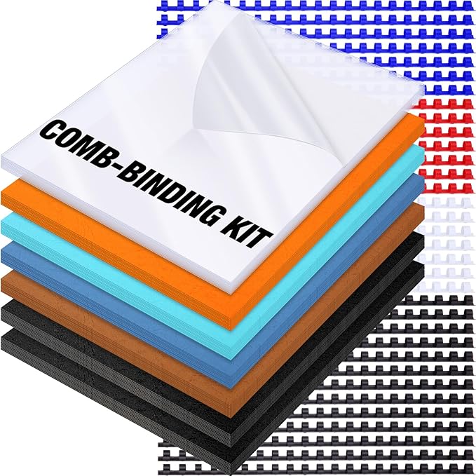 160 Pack Binding Covers and Combs kit 8.5x11 Inches Include 60 Pcs 12 mil Leather Texture Binding Cover 60 Pcs 8 mil Clear PET Presentation Covers 40 Pcs Binding Combs Letter Size(Vivid Color)