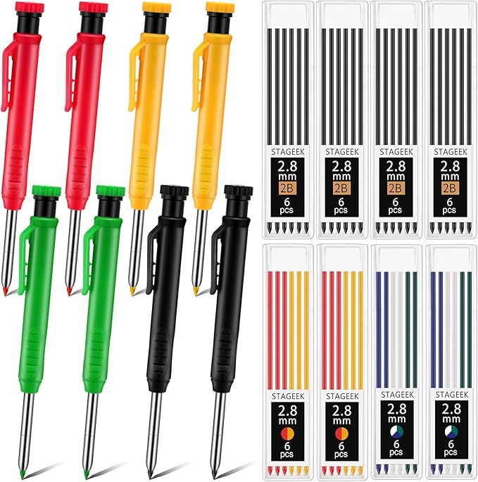 8 pack 2.8mm Mechanical Carpenter Pencils with 48 Refills, Construction Pencils with Built-in Sharpener, Long Nib Deep Hole Marker, Heavy Duty Woodworking Tools(Black+yellow+red+green)