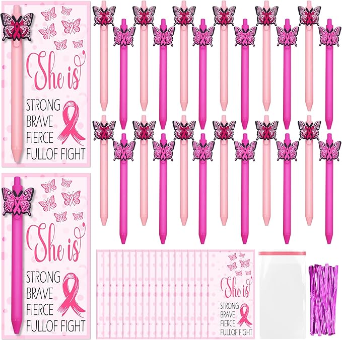 24Set Breast Cancer Awareness Pens with Encouragement Cards Cancer Ballpoint Pen with Inspirational Words Retractable Ink Point Pens for Women Nurses Day Public Event