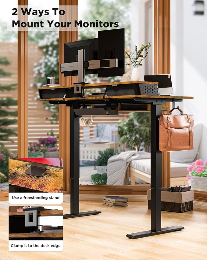 FiCiHi Electric Standing Desk with Four Drawers, Adjustable Height Sit Stand Desk, C-Clamp Compatible Home Office Desk with Storage Shelf & Monitor Stand Riser, 40 x 24 Inch, Rustic Brown