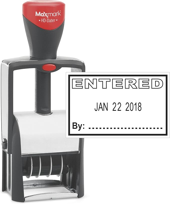 MaxMark Heavy Duty Self Inking Date Stamp with Phrase Entered - Black Ink